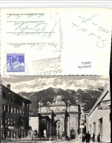 504651,Innsbruck Triumphpforte Torbogen geg. Nordkette Bergkulisse