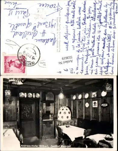 553619,Innsbruck Gasthaus Buchhof Coca Cola Reklame Andreas Hofer Stüberl Kachelofen Ofen Interieur