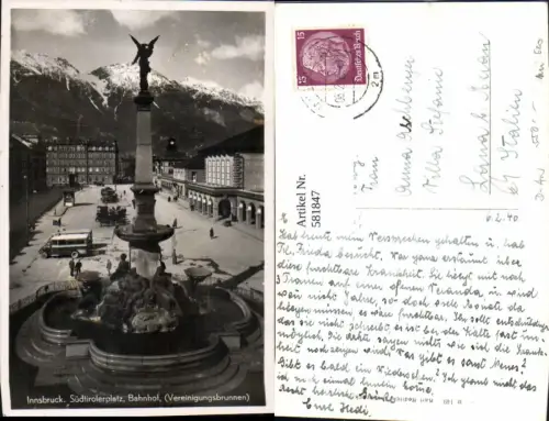 581847,Foto Ak Innsbruck Südtirolerplatz Bahnhof Vereinigungsbrunnen Brunnen Bus