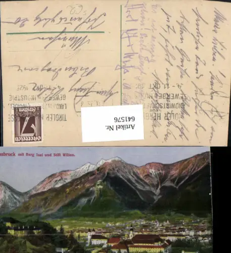 641576,Innsbruck mit Berg Isel u. Stift Wilten Stempel Tiroler Herbstmesse 1925 Gewerbe