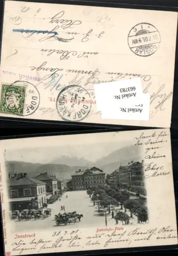 663783,Innsbruck Bahnhof Platz Kutschen pub Dr. Trenkler Stempel zurück