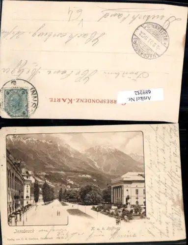 689252 Innsbruck K.K. Hofburg pub Czichna 176/13 Stp. Hachenburg Westerwald Ankunftsstempel
