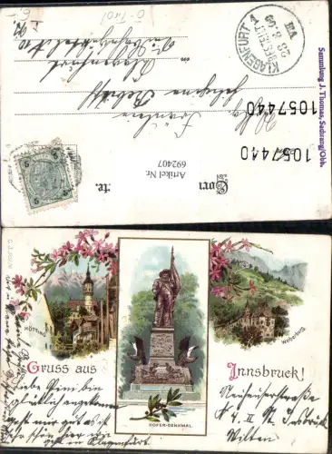 692407 tolle Lithographie Innsbruck Weiherburg Hötting Andreas Hofer Denkmal