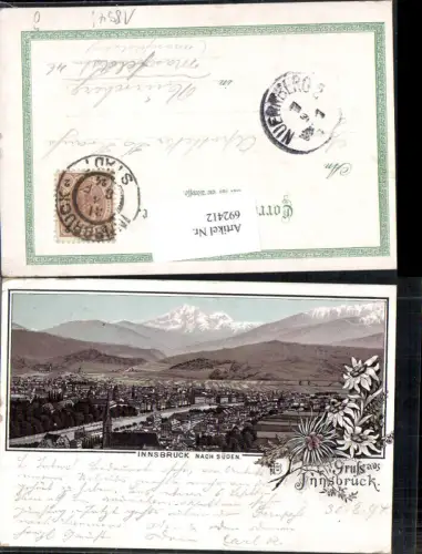 692412 tolle Lithographie Innsbruck nach Süden Edelweiss 1894 Vorläufer AK