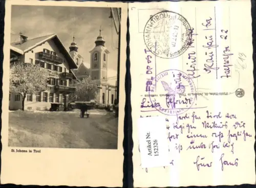 152326,St Johann i. Tirol Winteransicht m. Automobil Mann m. Schlitten 1942 Feldpost