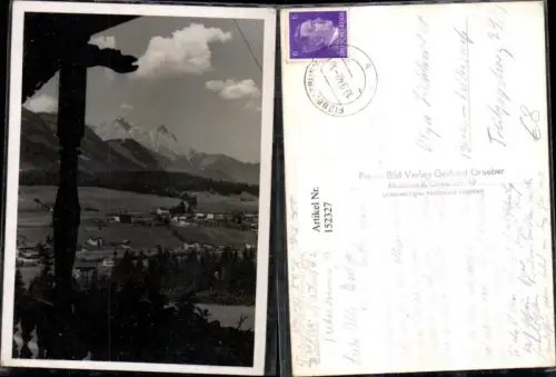 152327,Fieberbrunn Gasthof Schwefelbad Balkonblick auf Bahnhof u. Loferer 1942