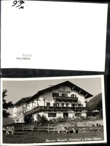 171773,Foto Ak Kirchdorf a. Wilden Kaiser Pension Seiwald Ansicht m. Kühe u. Personen