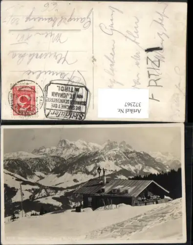 372367,Angerer-Alm Almhütte b. St. Johann in Tirol geg. Loferer Steinberge Bergkulisse Winterbild