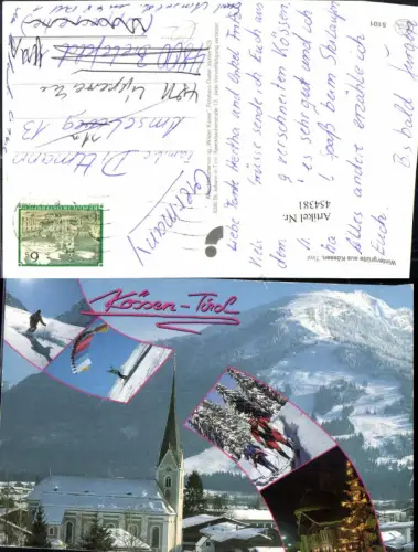 454381,Kössen in Tirol Teilansicht Kirche Skifahrer Mehrbildkarte