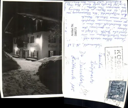 598573,Foto Ak Kössen a. Wilden Kaiser Gasthof Mairwirt b. Nacht Winteransicht