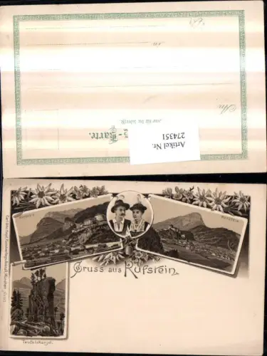274351,Litho AK Gruß aus Kufstein Totale Festung Teufelskanzel Tracht Mehrbildkarte pub Carl Otto Hayd 132