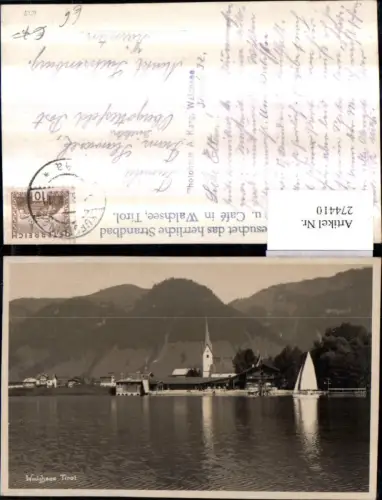 274410,Walchsee in Tirol Teilansicht Strandbad Segelboot Kirche Bergkulisse