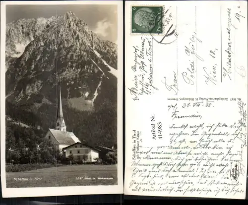414983,Scheffau Teilansicht Kirche m. Treffauer Kaiser Bergkulisse