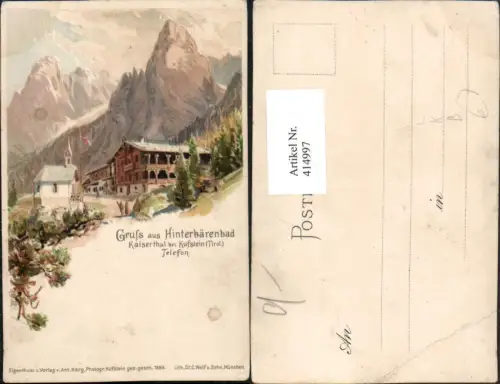 414997,Künstler Litho Gruß aus Hinterbärenbad b. Kufstein Kapelle Bergkulisse