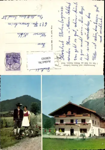 638163,Mehrbild Ak Söll a. Wilden Kaiser Jausenstation Pension Lederer Paar i. Tracht