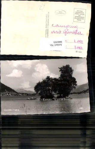 668293,Foto Ak Walchsee Ansicht m. Insel Ruderboot Rudern