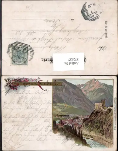 372637,Litho Gruß aus Landeck Teilansicht Schloss Bergkulisse