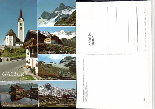 505822,Galtür Kirche Berghütten Bergkulissen Mehrbildkarte
