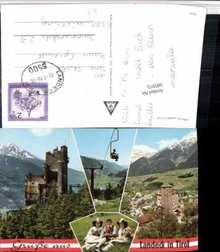 505973,Gruß aus Landeck Totale Ruine Tracht Sessellift Mehrbildkarte