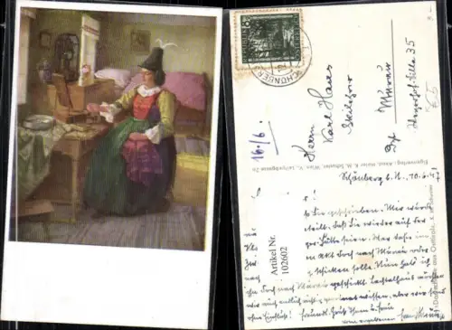 102602,Künstlerkarte K M Schuster Dorfschöne aus Tirol Frau in Tracht mit Hut