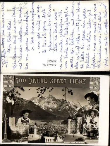 245648,Fotomontage 700 Jahre Stadt Lienz Totale Schloss Burg Kirche Trachten Trompete Säule Mehrbildkarte