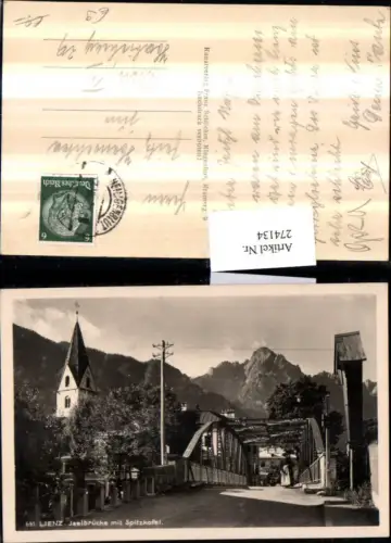 274134,Lienz Iselbrücke Brücke Kirchenturm Wegkreuz m. Spitzkofel Bergkulisse