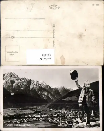 450393,Gruß aus Lienz Totale Bergkulisse Fotomontage Bub Tracht
