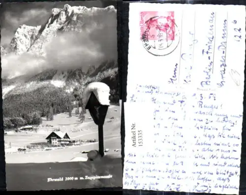 153335,Foto Ak Ehrwald m. Zugspitzmassiv Wegkreuz i. Vordergrund Winteransicht