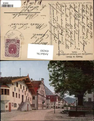 436285,Reutte Hauptstraße m. Rathaus u. Historischer Linde Brunnen Bahnpost Zug 289