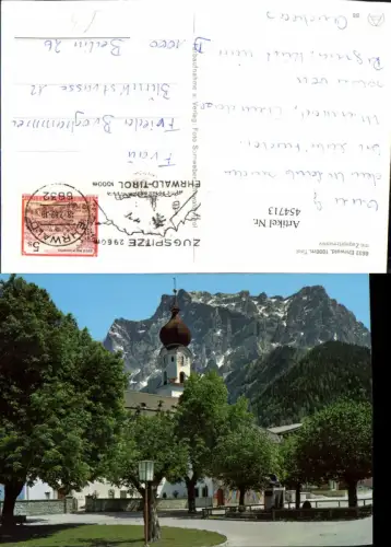 454713,Ehrwald Kirche m. Zugspitzmassiv Bergkulisse