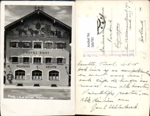 566781,Foto Ak Reutte Postamt u. Hotel Post m. Fresko