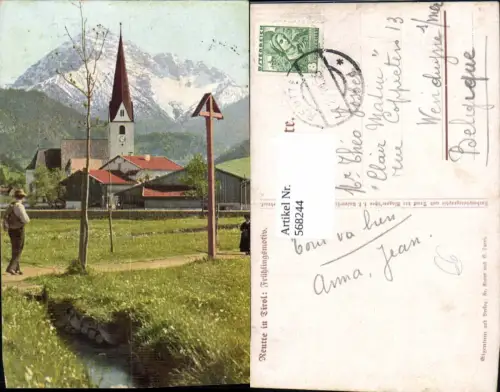 568244,Reutte i. Tirol Frühlingsmotiv Wanderer Wegkreuz Kirche