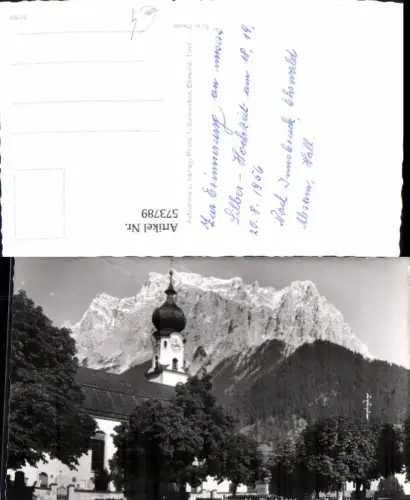 573789,Foto Ak Ehrwald m. Zugspitzmassiv Kirche