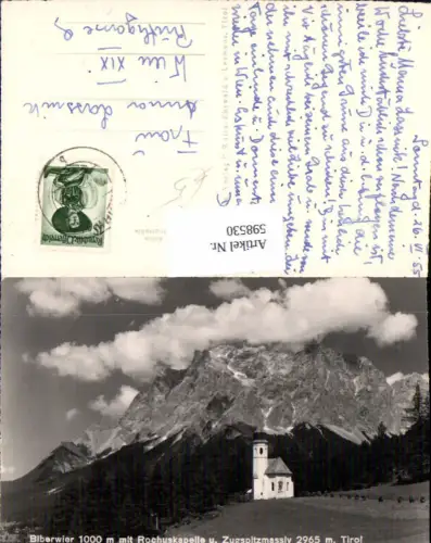598530,Foto Ak Biberwier m. Rochuskapelle u. Zugspitzmassiv Kirche