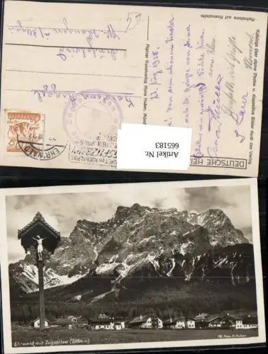 665183,Foto Ak Ehrwald mit Zugspitze Wegkreuz