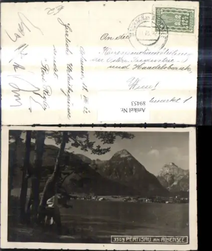 89453,Foto Ak Pertisau a. Achensee Ansicht m. Baum Frau a. Ufer