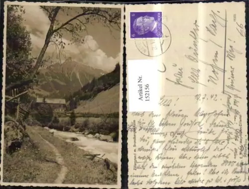 152156,Zillergrund m. Brandberger Kolm Mayrhofen 1942 Ansicht Weg Fluss Haus