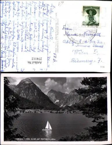 274112,Achensee Blick auf Pertisau Teilansicht Bergkulisse Segelboot