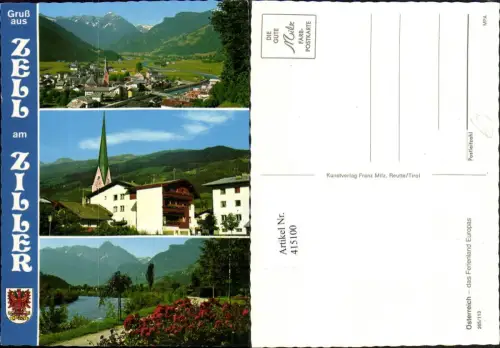 415100,Zell am Ziller Totale Kirchenturm Fluss Bergkulissen Mehrbildkarte