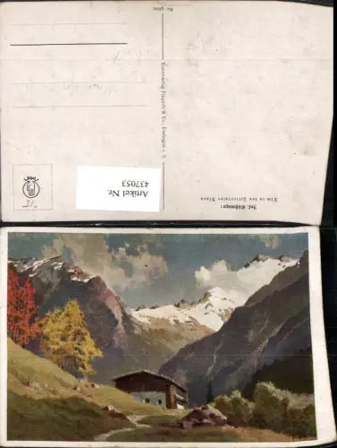437053,Künstler AK Josef Süßmayr Alm in den Zillertaler Alpen b. Mayrhofen Bergkulisse