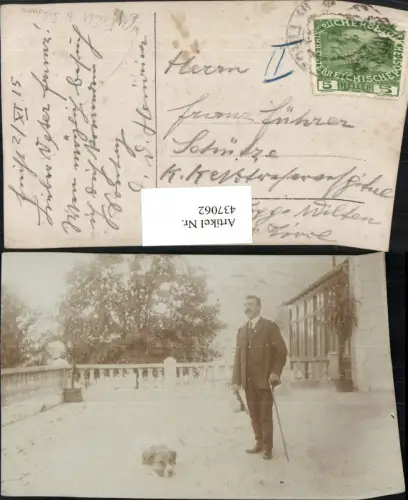 437062,Foto AK Fiecht b. Schwaz Mann m. Hut Stock Hund