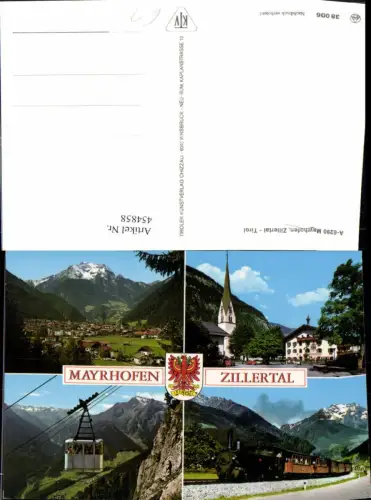 454858,Mayrhofen Totale Kirche Seilbahn Eisenbahn Mehrbildkarte
