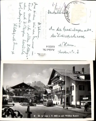 610314,Foto Ak St Johann i. Tirol m. Wilden Kaiser Bus Postbus Autobus Wegweiser