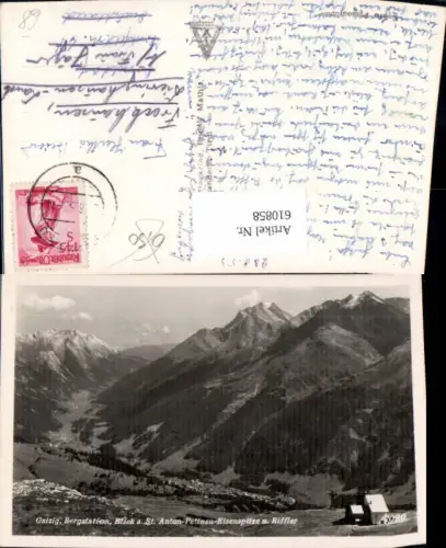 610858,Foto Ak Galzig Bergstation Blick a. St Anton Pettnau Eisenspitze u. Riffler