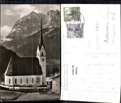 709454 Foto AK Schwendt b. Kössen Kath. Pfarrkirche mit Wildem Kaiser