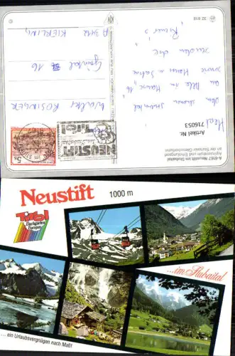 716053 Mehrbild AK Neustift im Stubaital Ansichten mit Kirche Seilbahn Gondel Wasserfall