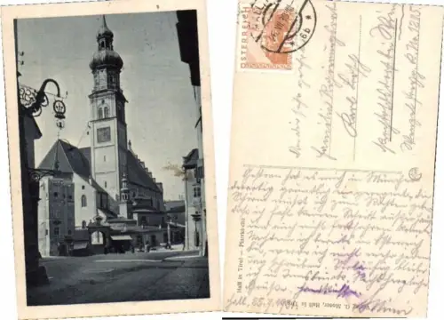 67771,Hall in Tirol Strassenpartie im Ort Kirche 1930