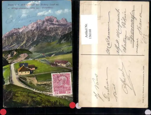 136168,Rautz a. d. Arlbergstrasse m. Erzberg u. Wildgrubenspitze Ansicht pub Purger Co 1028