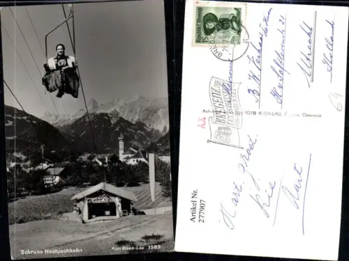 277907,Schruns Teilansicht Hochjochbahn Sessellift Frau in Tracht Bergkulisse pub Foto Risch-Lau 1589