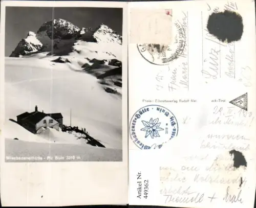 449362,Wiesbadenerhütte Berghütte b. Partenen m. Piz Buin Bergkulisse